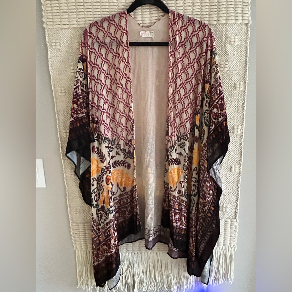 Free People Bohemian Multicolor Velvet Kimono